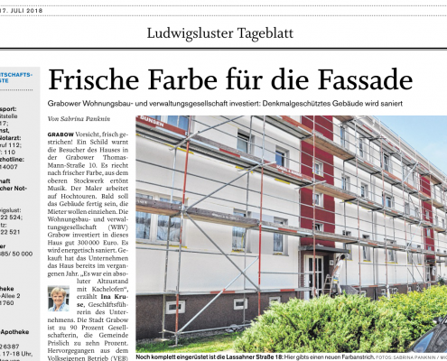 Ludwigsluster Tageblatt > Frische Farbe für Fassade – Quelle: https://www.svz.de/20452927 ©2021
